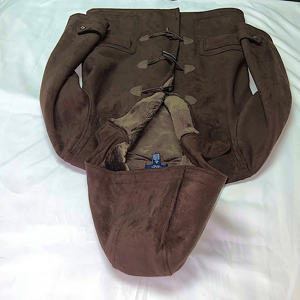 Chaps dark brown suede hooded jacket with fake fur lining, toggle buttons, Sz M